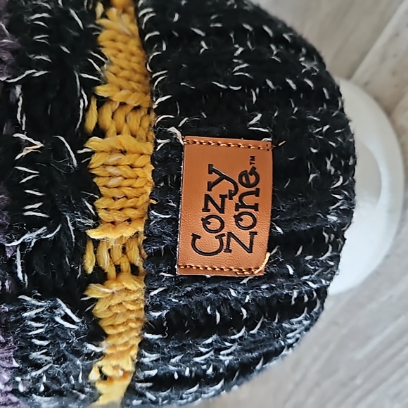 Cozy Zone Black Furball Beanie Pom Pom Colorful Stripes, O/S - Picture 2 of 9